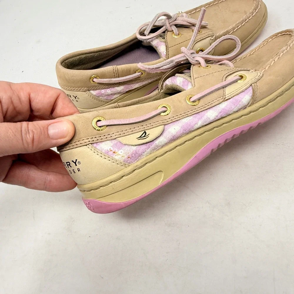 Sperry‎ Bluefish Top Sider Boat Shoes Pink Gingham Tan Leather Lace Up Size 7.5M